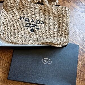 Woven Straw Tote Bag in Natural with Black Logo